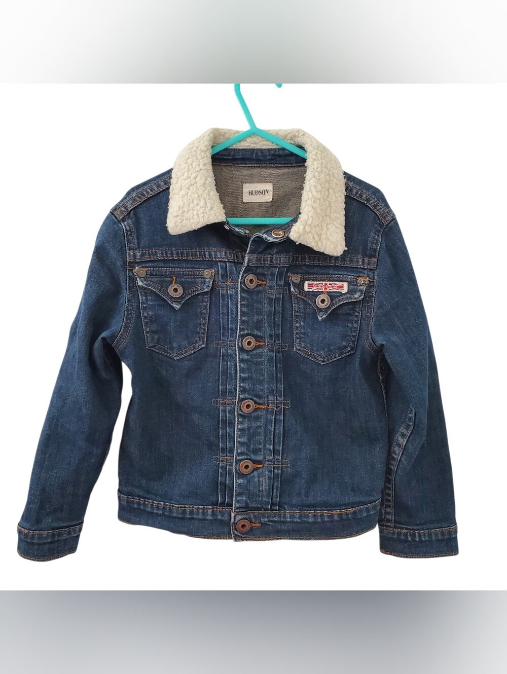 Hudson Jeans Kids Dark Blue Denim Jacket with Cream Sherpa Collar (4)